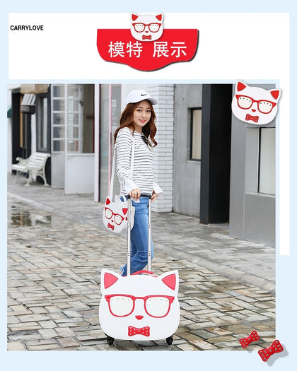Carrylove Cartoon Cat 18 Inch High Quality Pu Handbag+ Rolling Luggage Spinner Brand Travel