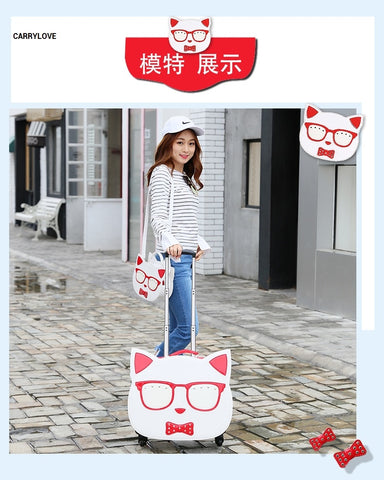 Carrylove Cartoon Cat 18 Inch High Quality Pu Handbag+ Rolling Luggage Spinner Brand Travel