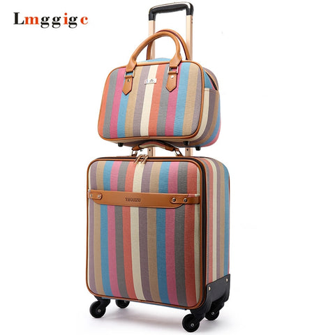 Women'S Colorful Suitcase Set,Pu Leather Stripe Pattern Luggage Bag, Fashion Trolley Case,