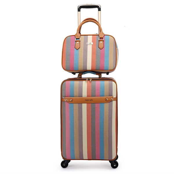 Women'S Colorful Suitcase Set,Pu Leather Stripe Pattern Luggage Bag,  Fashion Trolley Case