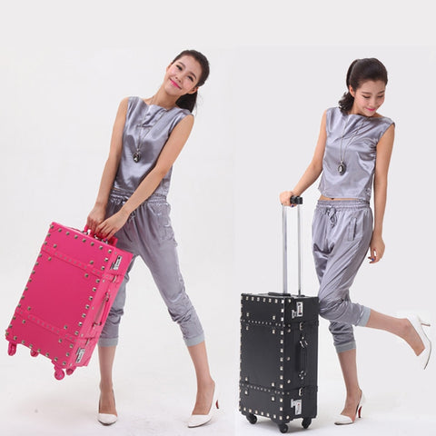 Retro Universal Wheels Trolley Luggage Male Female Punk Rivet Bag Travel Password Box,12 20 22 24