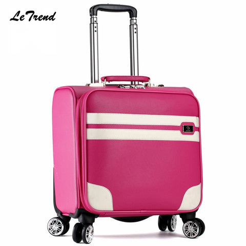 Letrend New Fashion 16 Inch Pu Leather Women Rolling Luggage Spinner Trolley Bag Suitcases Travel