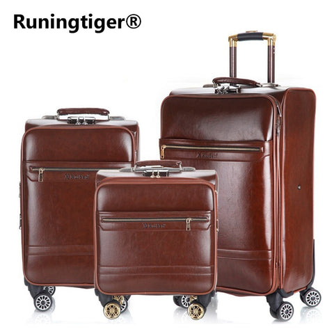 Men'S And Women'S Travel Luggage Waterproof Pu Suitcase 16" 20" 24" Leather Travel Case Pulley Cart