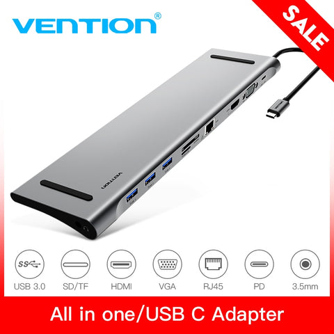 Vention Thunderbolt 3 Usb-C To Hdmi Vga Converter Usb3.0 Hub Sd/Tf Card Reader 3.5Mm Jack Pd Rj45