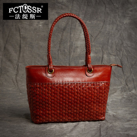Top-Handle Women'S Bags Handmade Genuine Leather High Capacity Totes Woven Cow Italy Leather
