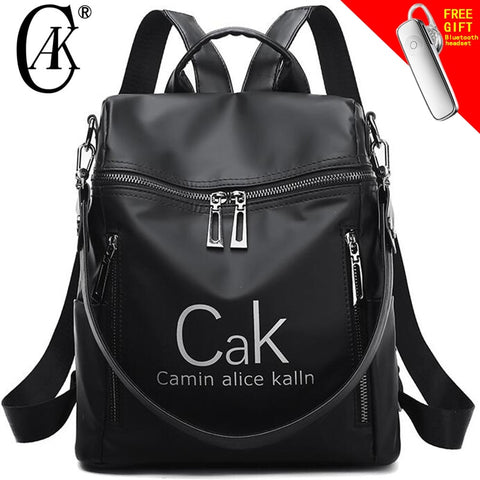 Cak Luxury Brand Women Backpack Bags Black Nylon Waterproof High Quality Travel Backpack For