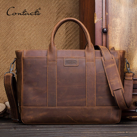 Contact'S 2019 Crazy Horse Cow Leather Men Shoulder Bag Vintage Handbag Male Big Tote Bag Casual