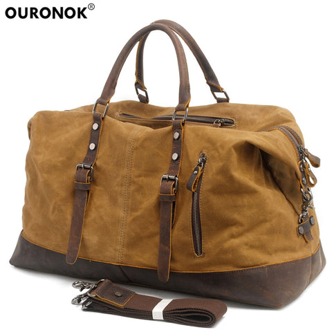 Ouronok Travel Bag Large Capacity Notebook Luggage Bags Waterproof Canvas Leather Men Travel Bags