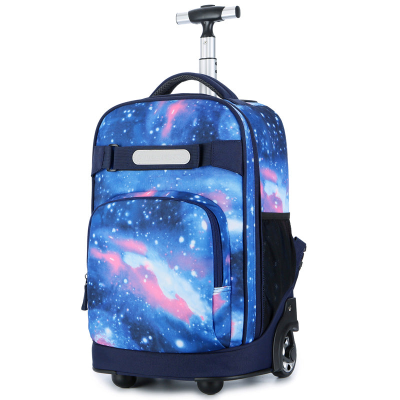 One-Way Wheel Rod Double Shoulder Backbag,Student Canvas Back Trolley Case,Dual-Use
