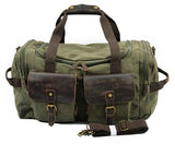 Man Vintage Military Travel Duffel Bag Multi-Pocket Canvas Overnight Bag Leather Weekend Carry On