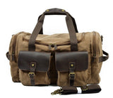 Man Vintage Military Travel Duffel Bag Multi-Pocket Canvas Overnight Bag Leather Weekend Carry On