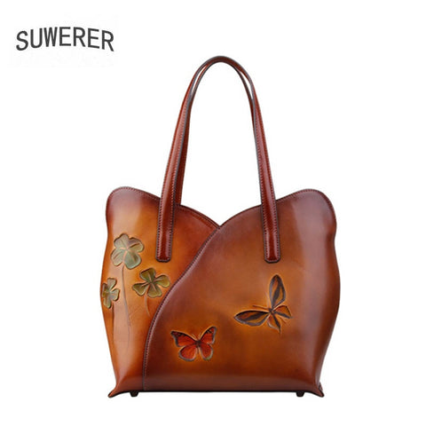Suwerer 2019 New Women Bag Superior Cowhide Women Genuine Leather Bags Luxury Hand Carved Crafts