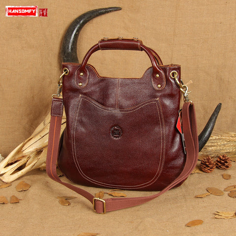 Hansomfy Women Handbags Handmade Suede Leather Female Retro Shoulder Bag Personality New Moon Brown
