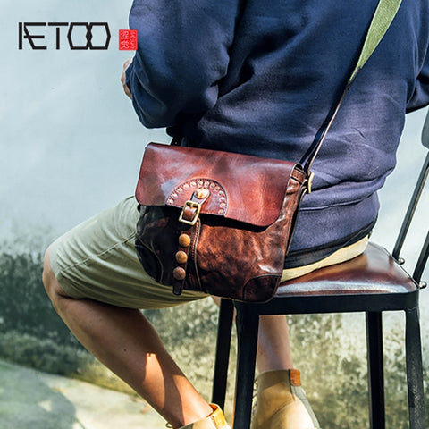 Aetoo Handmade Men'S Oblique Bag With Baotou Cowhide Fold Leather Postman Charter Car Pack