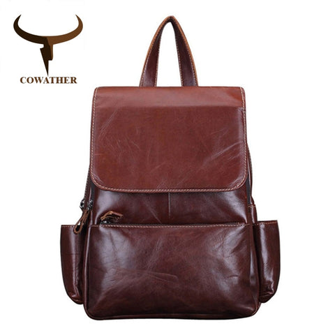 Cowather Vintage 2019 Cow Genuine Leather Backpacks For Women Big Capacity Exquisite Crafts Oil Wax