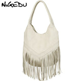 Nigedu 100% Genuine Leather Women Shoulder Bag Tassel Design Women'S Handbags Large Capacity