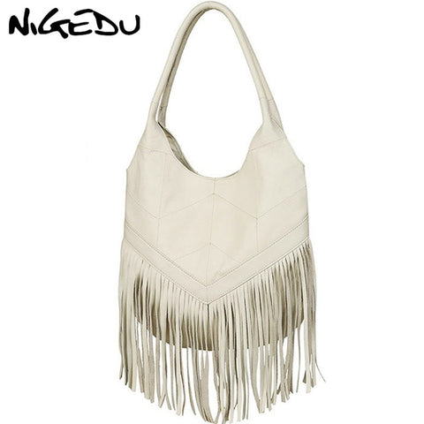 Nigedu 100% Genuine Leather Women Shoulder Bag Tassel Design Women'S Handbags Large Capacity