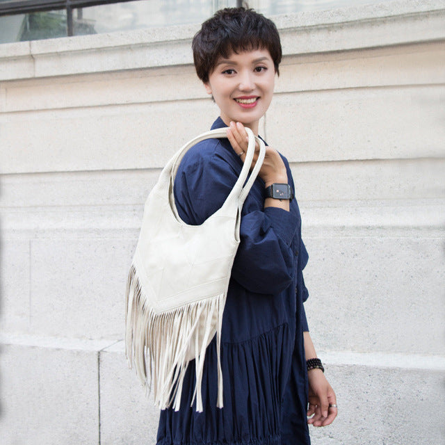 Nigedu 100% Genuine Leather Women Shoulder Bag Tassel Design Women'S Handbags Large Capacity