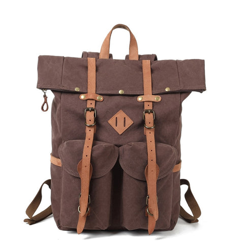 Vintage Waterproof Canvas With Italy Cow Leather Belt Backpack Men College Student School 19 Inches