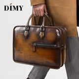 Dimy Hand Patina Leather Messenger Bag Dutch Calfskin Men'S Briefcases Business Double Zipper