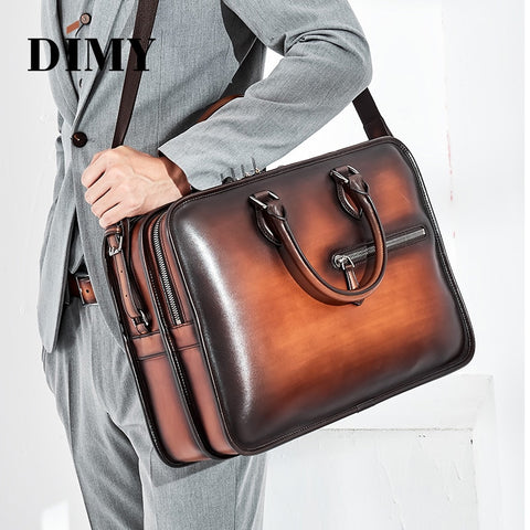 Dimy Hand Patina Leather Men'S Briefcases Dutch Calfskin Handbag Business Bags Double Zipper