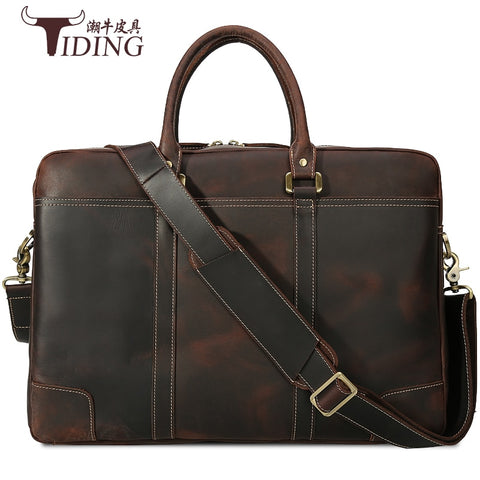 17" Laptop Mens Briefcase Travel  Bags Handbags Genuine Leather 2018 Male Leather Business Tote