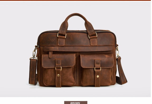Laptop Handbag Men Genuine Leather Business Briefcase Male Retro Casual Computer Shoulder Bag