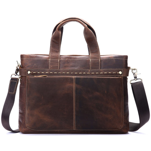 Nesitu Vintage A4 Brown Genuine Leather Men Briefcase Thick Crazy Horse Leather Shoulder
