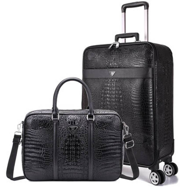 Beasumore Retro Crocodile Rolling Luggage Sets Spinner Wheel Suitcases Pu Leather Travel Bag Men