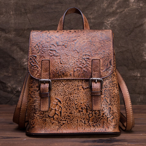 Genuine Embossed Leather Women Backpack Girls School Rucksack Brush Color Capacity Knapsack Cowhide