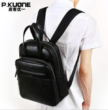 P.Kuone Men Genuine Leather Multi-Function Backpack Men'S Hand Bag Man Shoulder Bags Male Large
