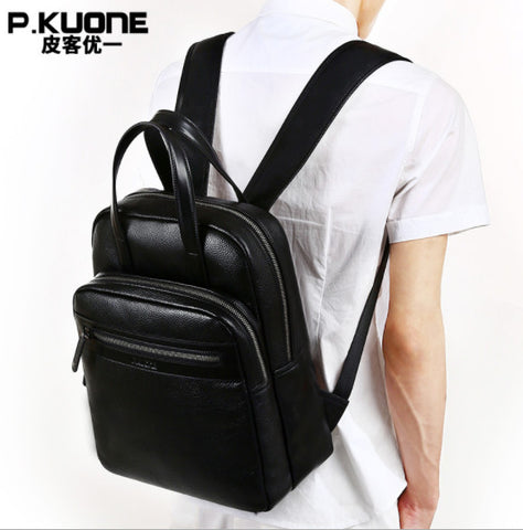 P.Kuone Men Genuine Leather Multi-Function Backpack Men'S Hand Bag Man Shoulder Bags Male Large