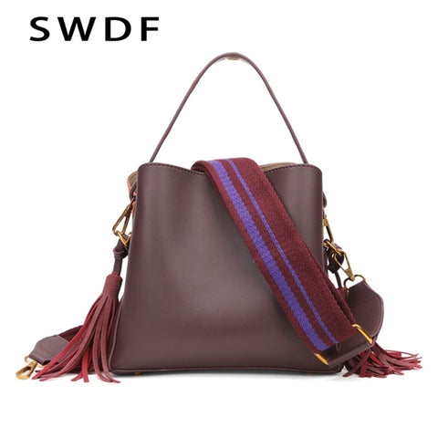 Swdf 2019 Hot Sale Ladies Bucket Bag Portable Crossbody Bag Soft Leather Wide Shoulder Strap