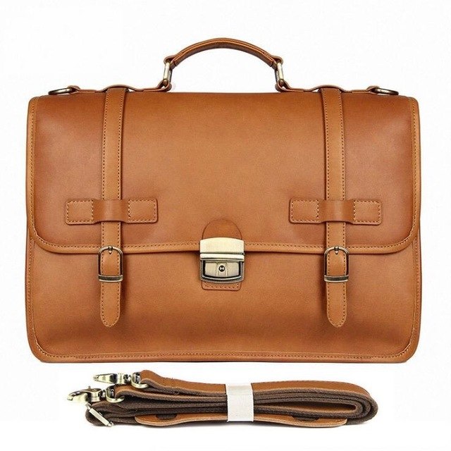 Vintage Men'S Genuine Leather Briefcase 14" Cowhide Business Bag Cow Leather Laptop Double Layer