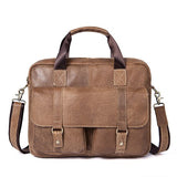 Vintage Men'S Genuine Leather Briefcase 14" Cowhide Business Bag Cow Leather Laptop Double Layer
