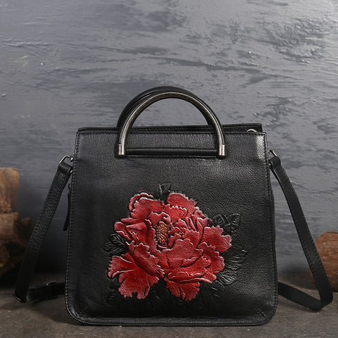 High Quality Genuine Leather Women Bag Cross Body Peony Pattern Handbag Flap Female Embossed Tote