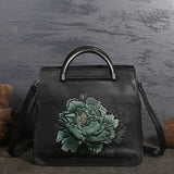 High Quality Genuine Leather Women Bag Cross Body Peony Pattern Handbag Flap Female Embossed Tote