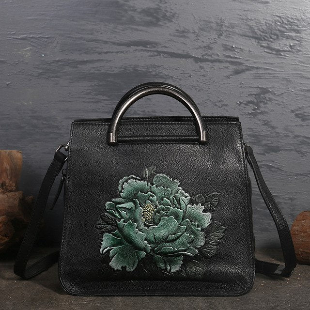 High Quality Genuine Leather Women Bag Cross Body Peony Pattern Handbag Flap Female Embossed Tote