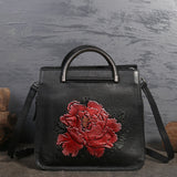 High Quality Genuine Leather Women Bag Cross Body Peony Pattern Handbag Flap Female Embossed Tote