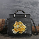 High Quality Genuine Leather Women Bag Cross Body Peony Pattern Handbag Flap Female Embossed Tote