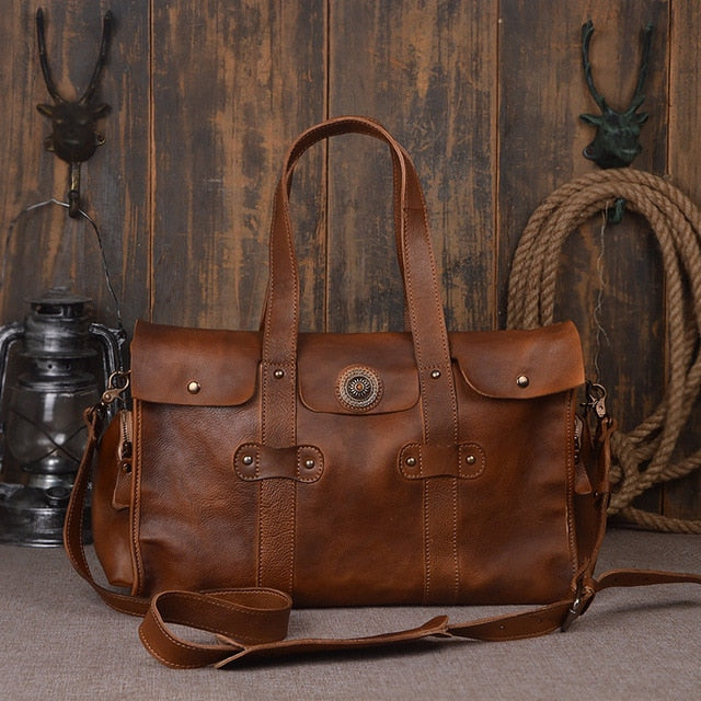 Nesitu High Quality Vintage Large Brown Grey-Blue Thick Genuine Leather Men Travel Bags Male