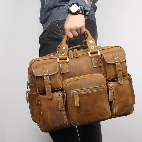 Nesitu Large Big Vintage Brown Thick Genuine Crazy Horse Leather Men Travel Bags Male Briefcase